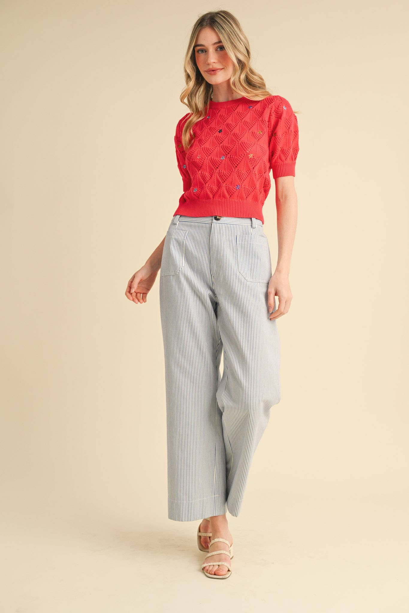 POINTELLE KNIT SWEATER WITH FLORAL EMBROIDERY MSW10819