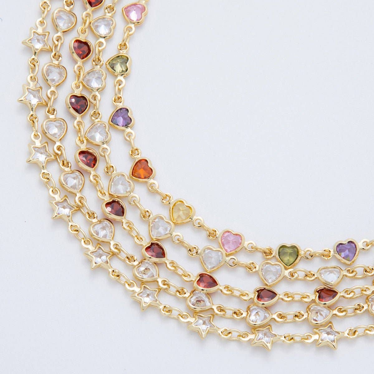 18K Gold Filled Clear, Multicolor, Red CZ Heart Star Sideway Straight 6.9 Inch Bracelet | WA-3781 - WA-3782