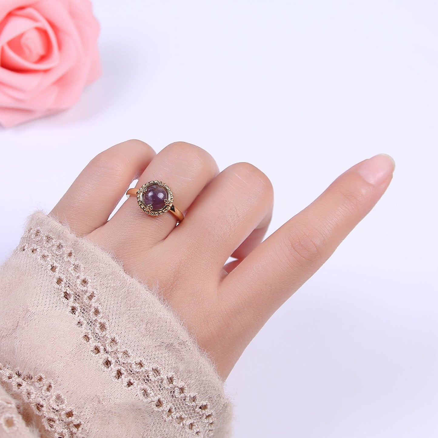 Dark Purple Amethyst Gemstone Gold Adjustable Ring
