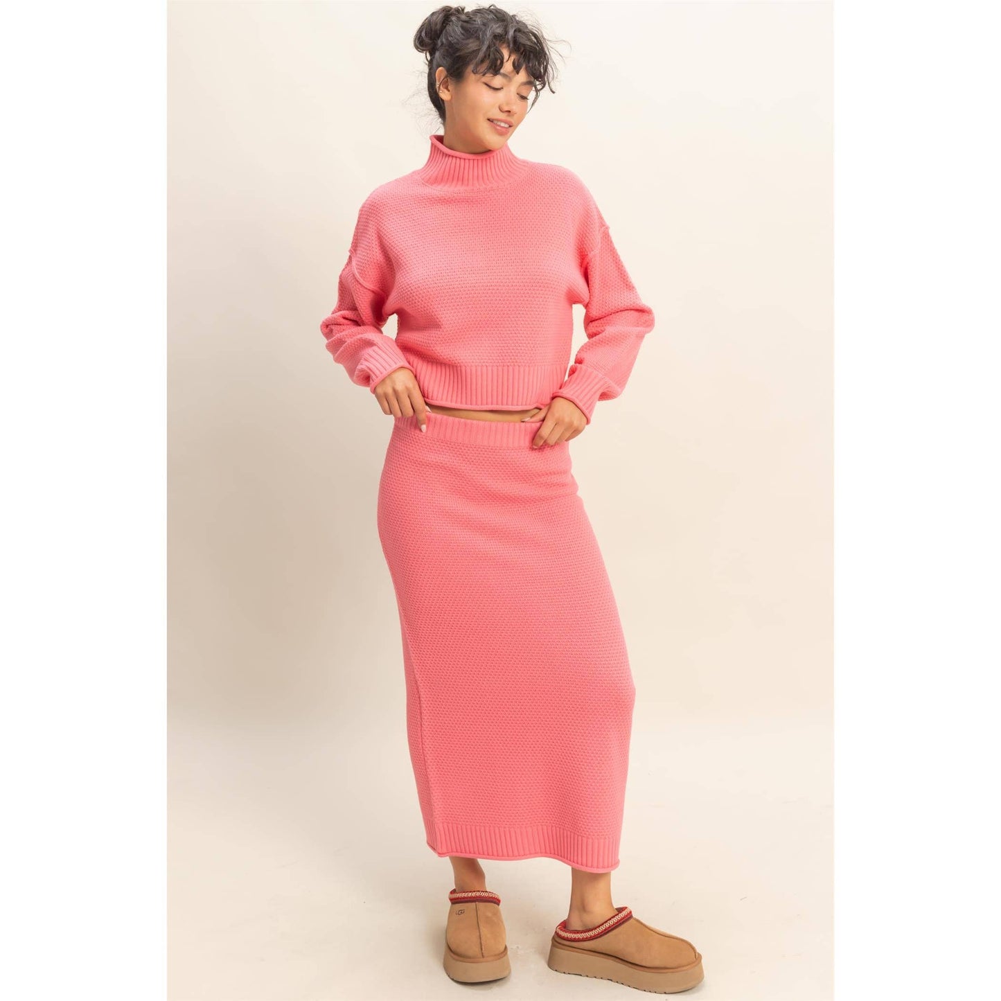 Textured High Neck Sweater & Skirt Set