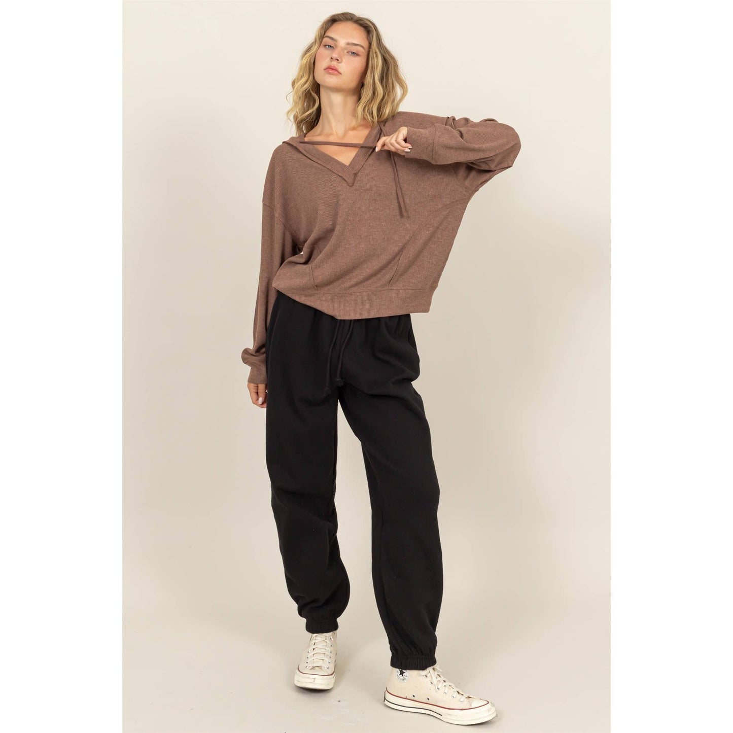 Relaxed Fit Notch Neck Ribbed Hoodie