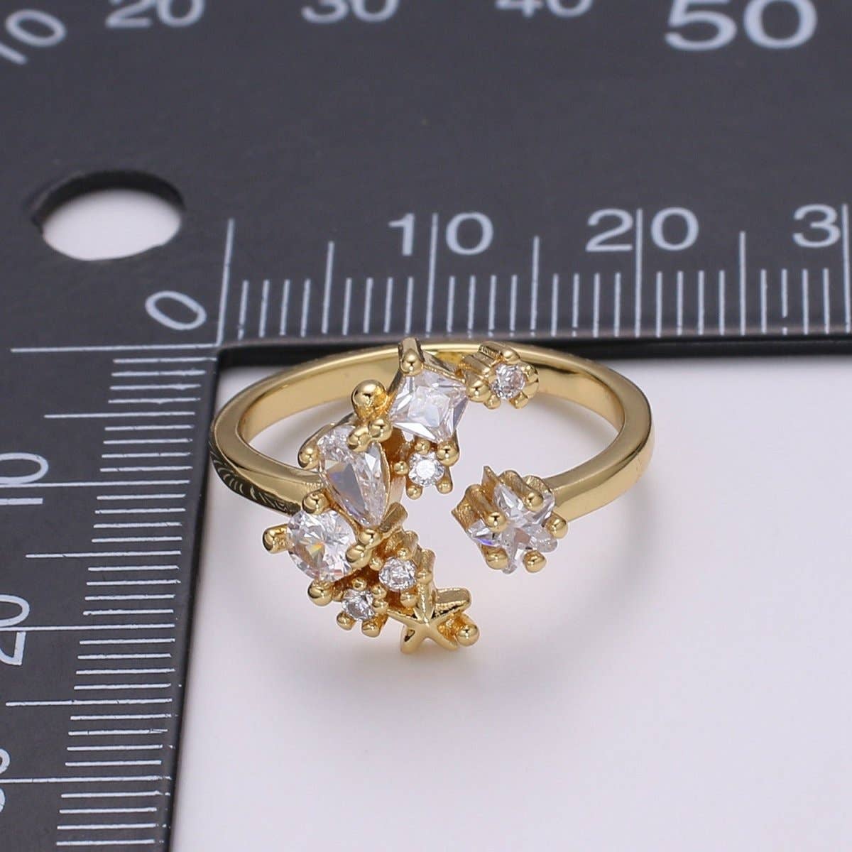 24k Gold Filled One Size Fits All Adjustable Moon Ring With Micro CZ Stones For Jewelry Making Supplies Celestial Jewelry R328