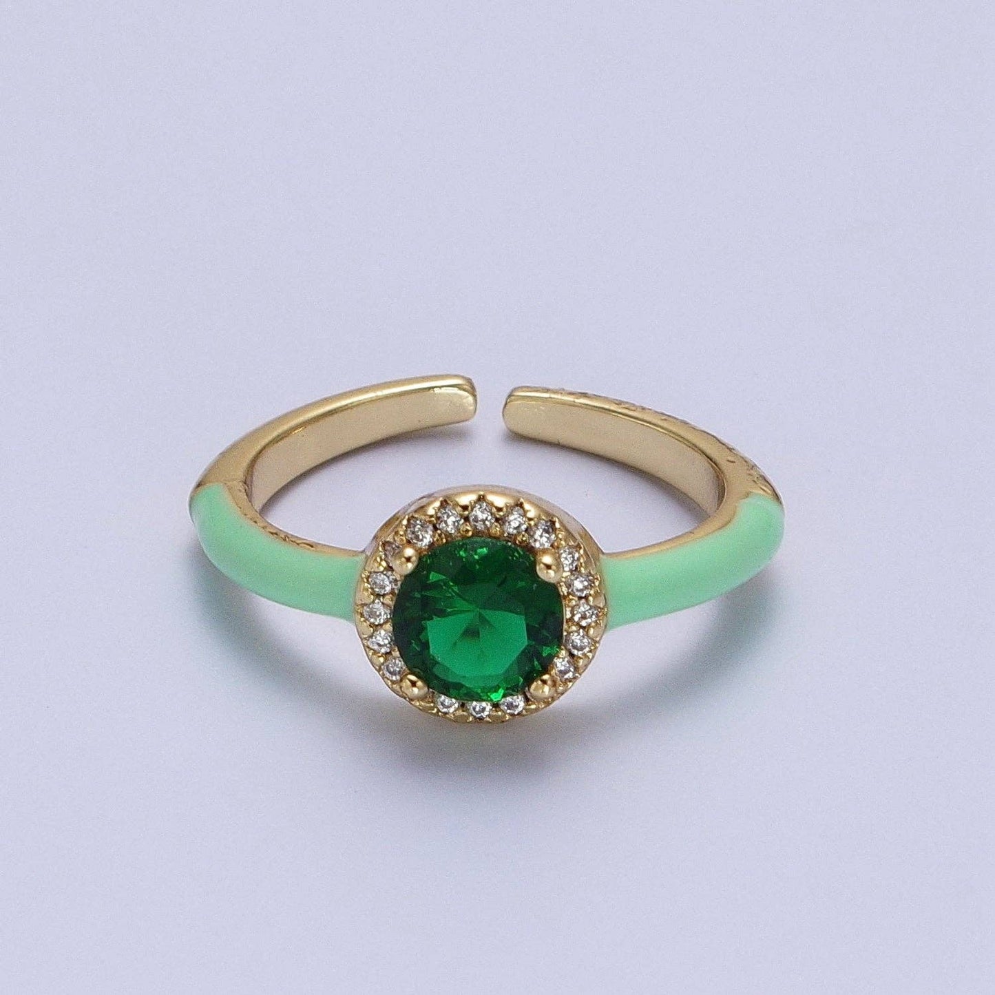 Gold Filled Barbiecore Round Green, White, Pink Micro Paved Enamel Adjustable Ring | Y343 - Y345