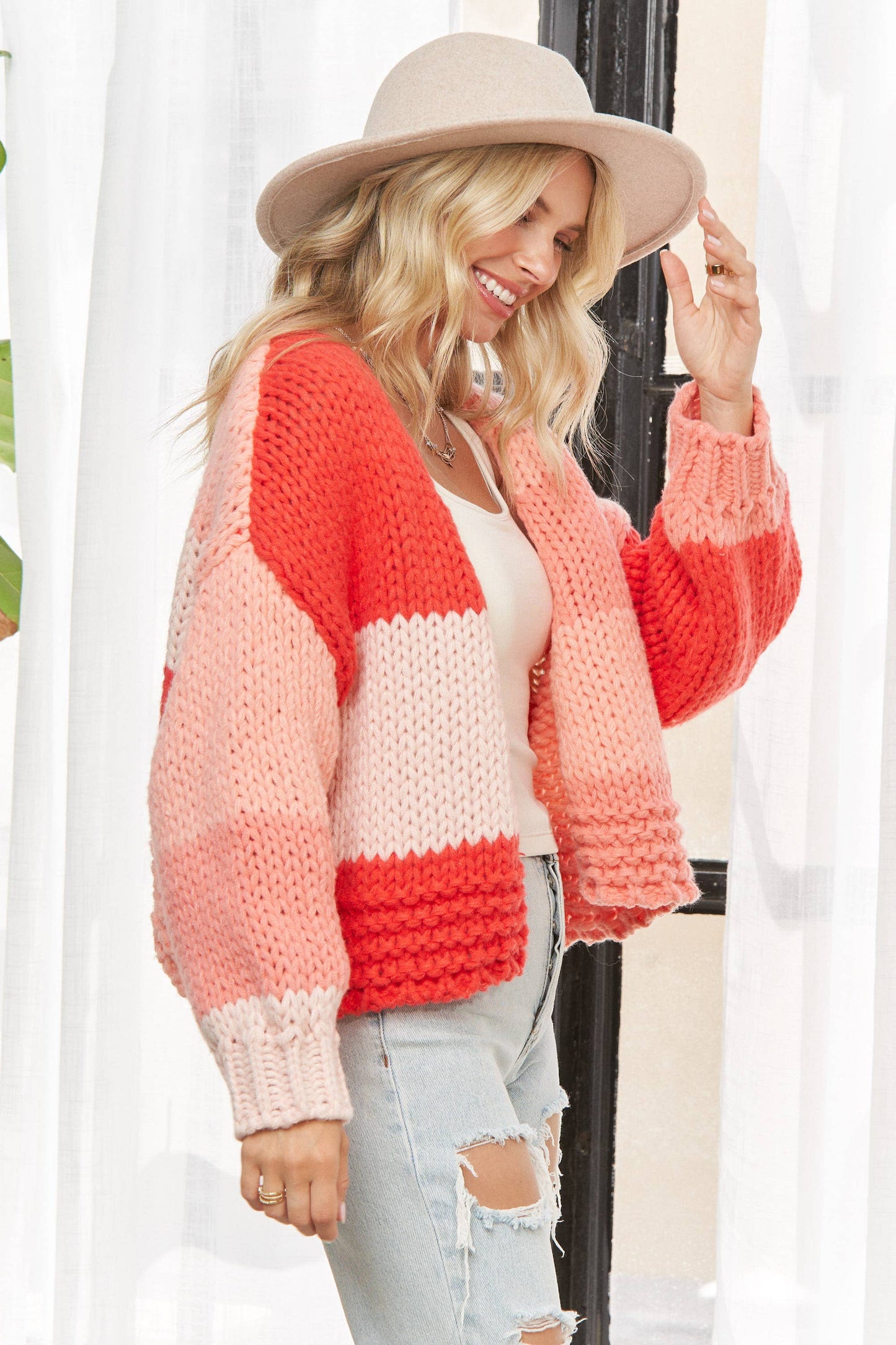 LESW3935-CHUNKY COLORBLOCK KNIT CARDIGAN