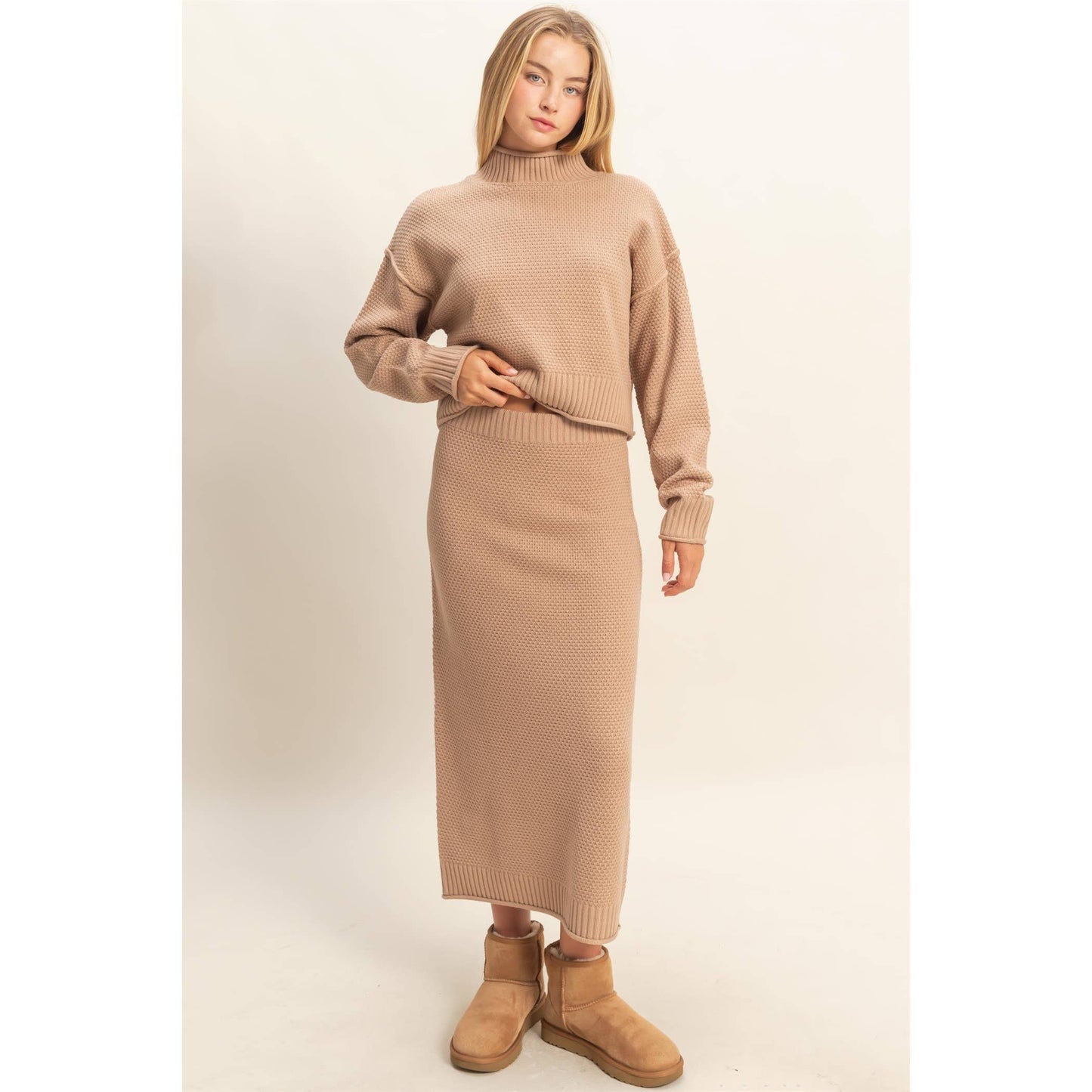 Textured High Neck Sweater & Skirt Set