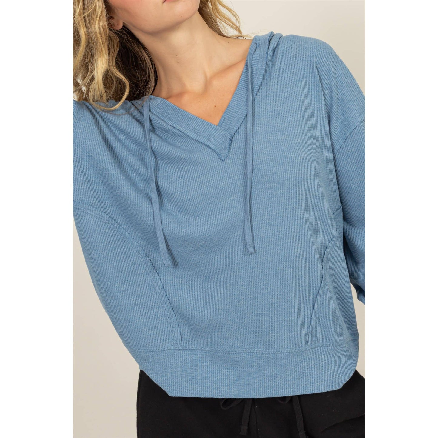 Relaxed Fit Notch Neck Ribbed Hoodie