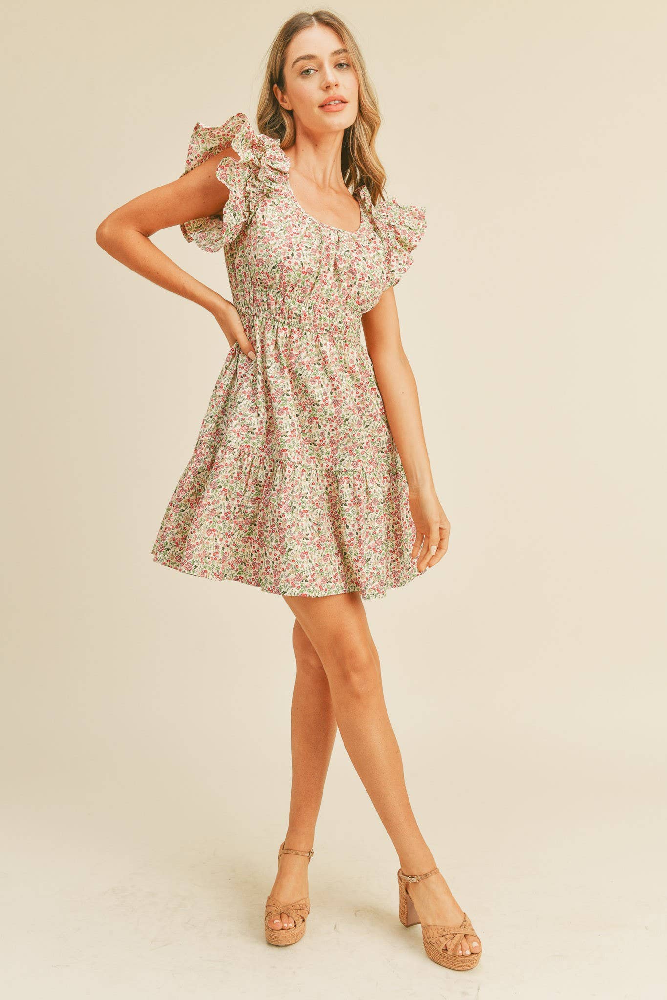 FLORAL PRINT FLUTTER SLEEVE MINI DRESS MDR1824