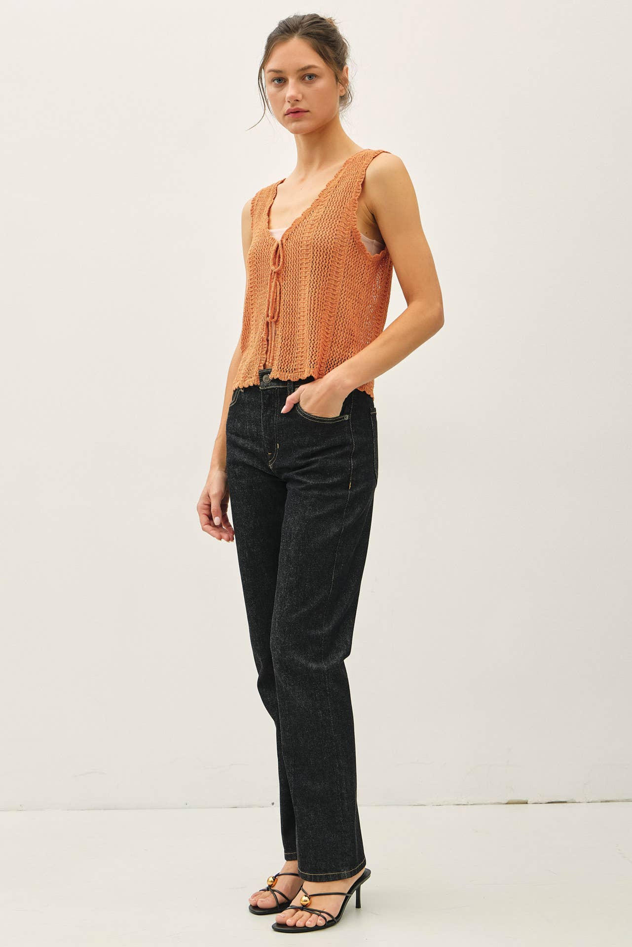 BREEZY, CROCHET KNIT VEST W/ TIE FASTENINGS