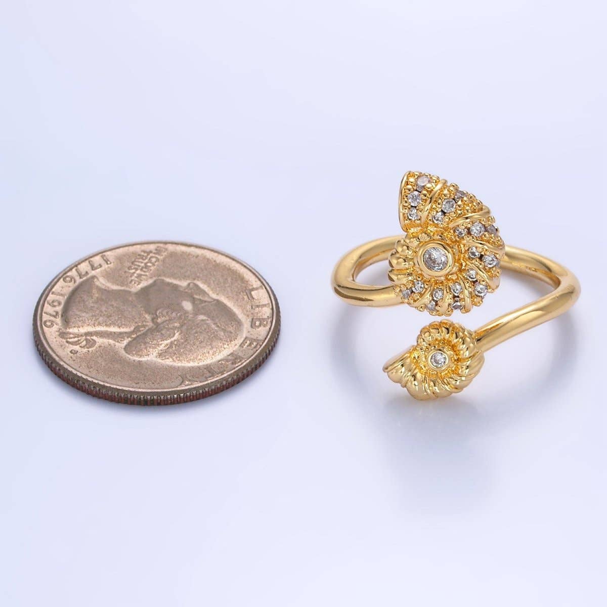 24K Gold Filled Micro Paved CZ Clam Shell Pearl Wrap Ring | U423