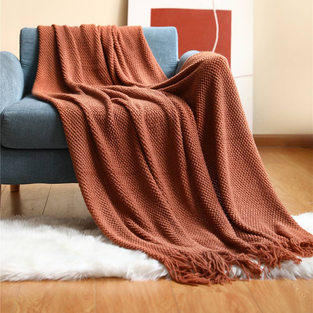 Knit Textured 50x60 Inch Throw Blanket with Fringe