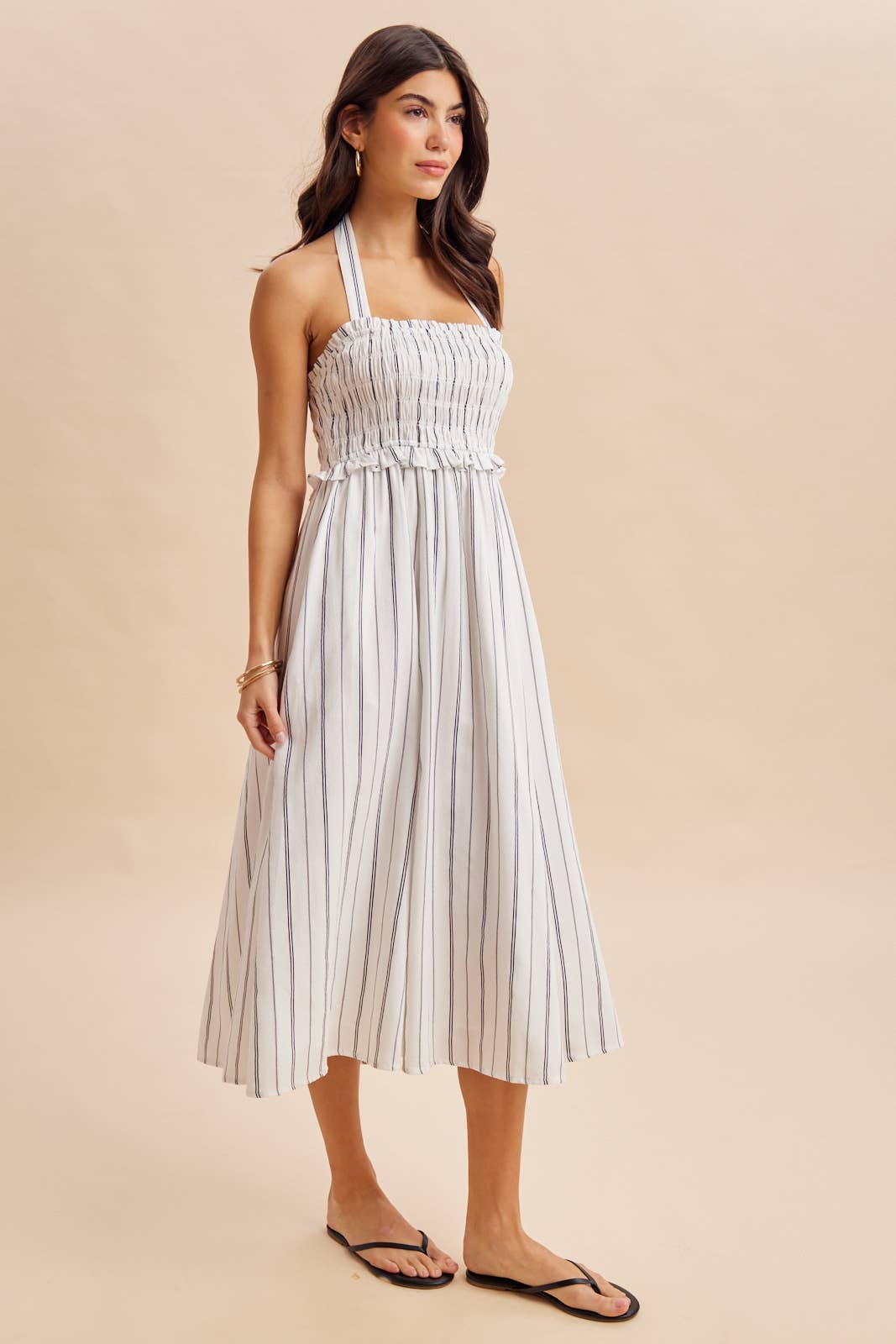 SMOCKED HALTER MIDI DRESS