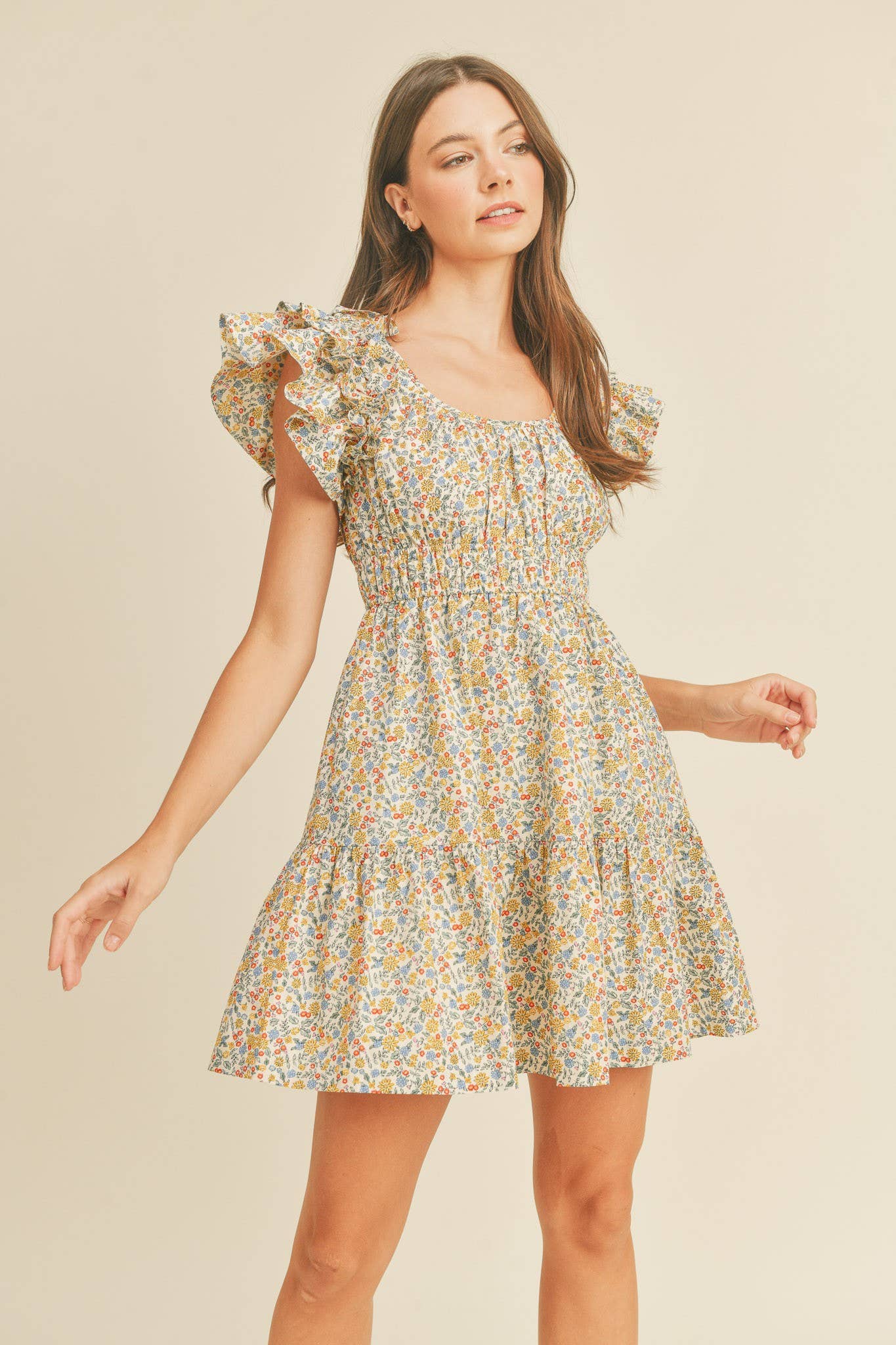 FLORAL PRINT FLUTTER SLEEVE MINI DRESS MDR1824