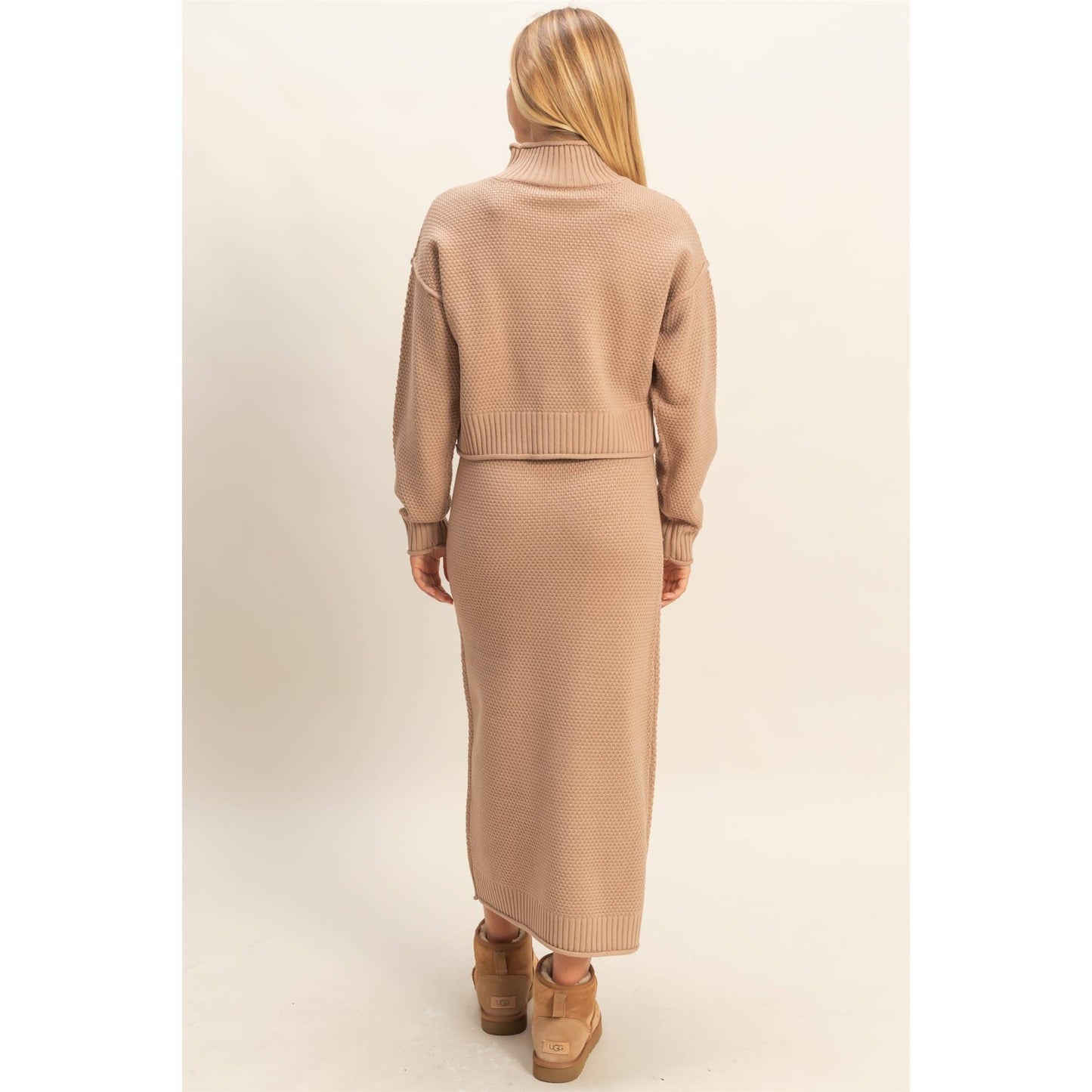 Textured High Neck Sweater & Skirt Set