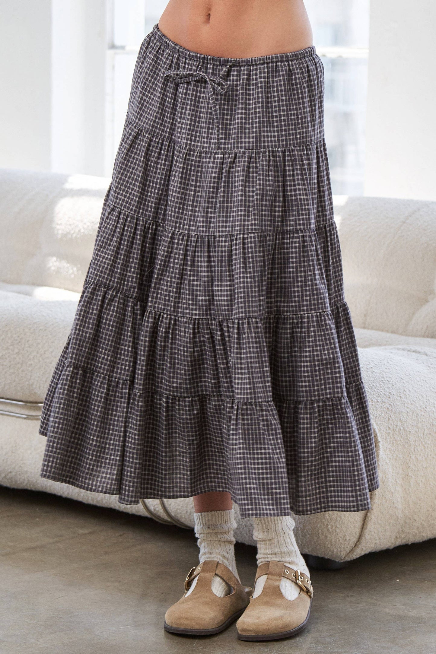 Caramel Gingham Elastic Waistband Skirt