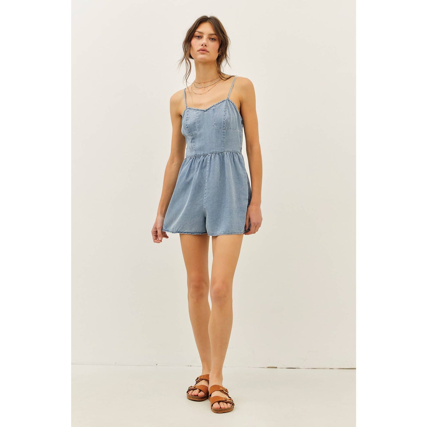 WASHED TENCEL ROMPER WITH SMOCKED BACK