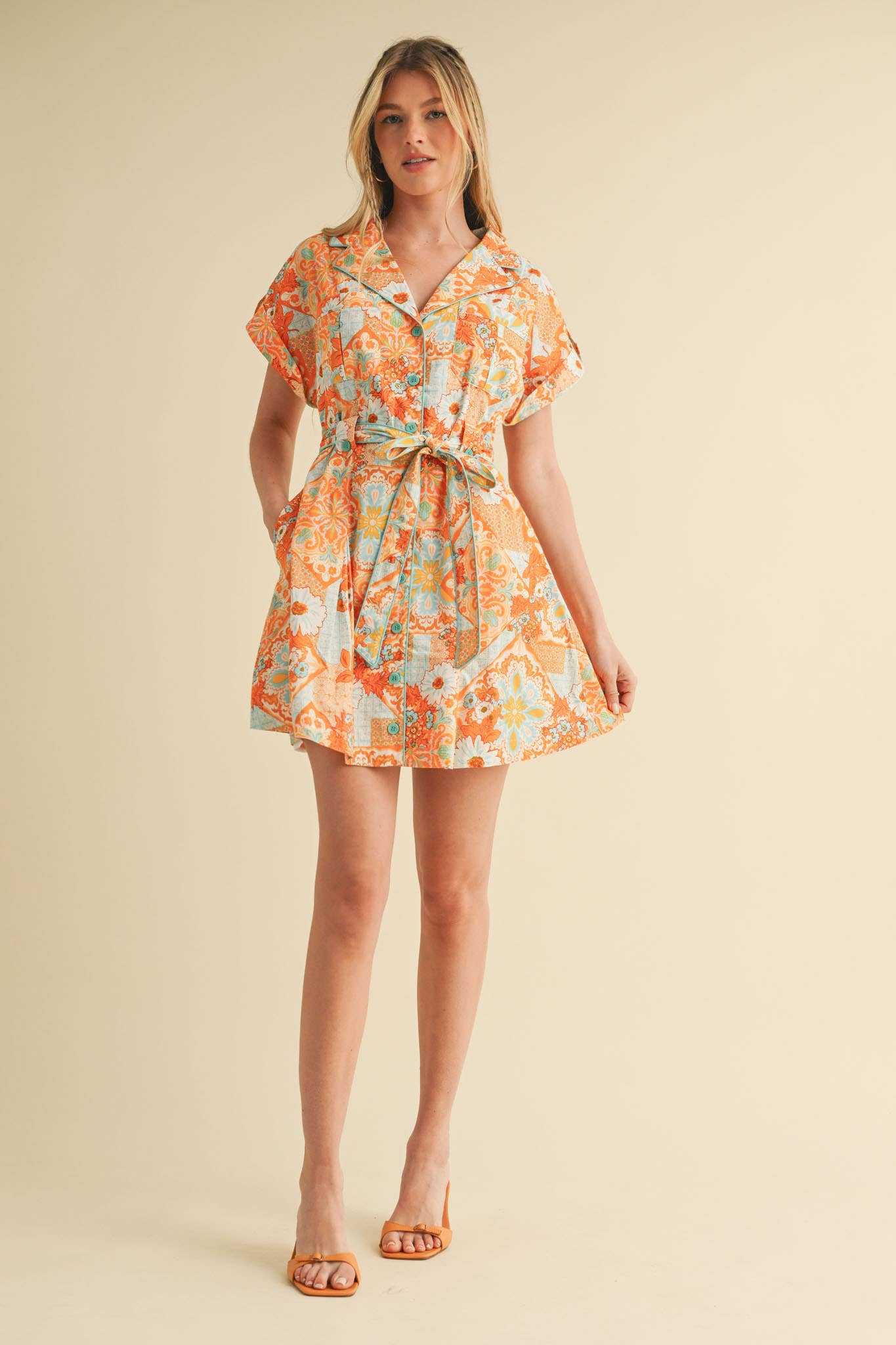 EXCLUSIVE PRINT BUTTON DOWN SHORT SLEEVE MINI DRESS MDR4044