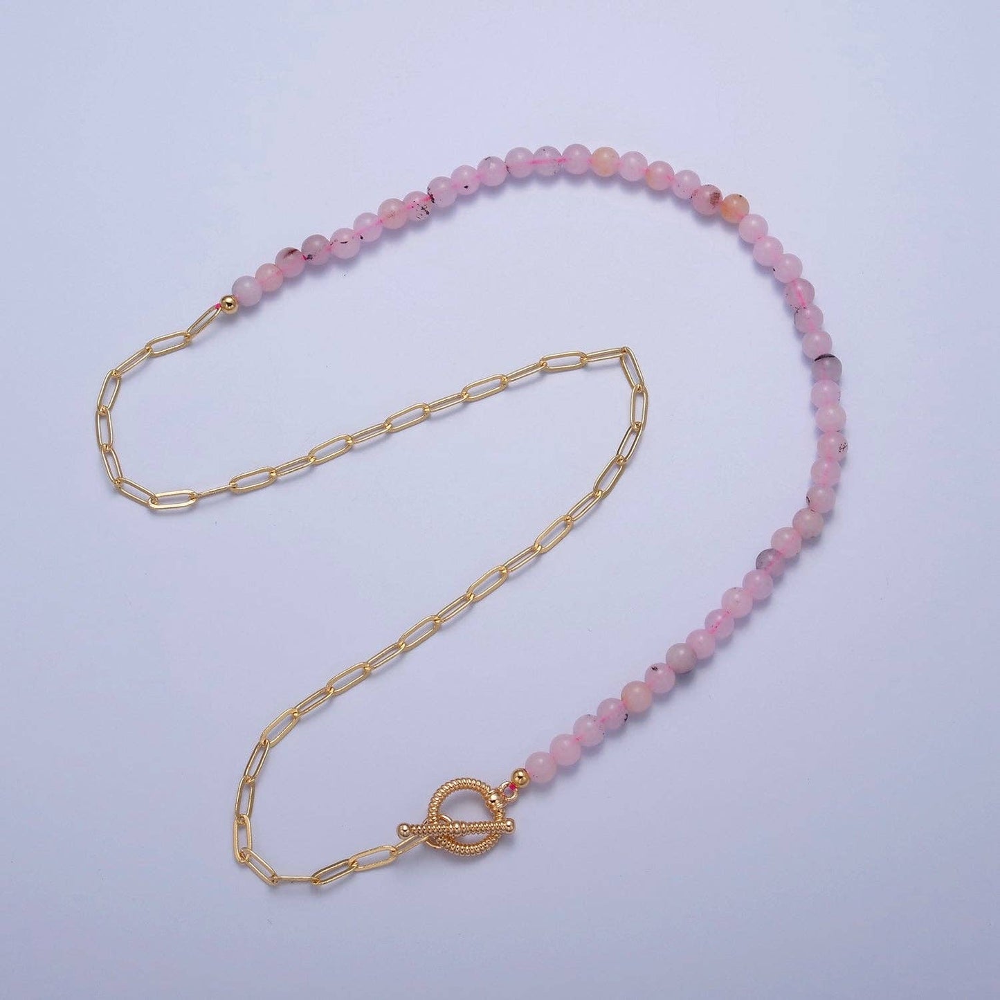 Clearance Pricing BLOWOUT Dainty Half Bead Half Link Chain Necklace, 24k Gold Filled Paperclip Chain with Pink Jade Necklace Toggle Clasp WA-970