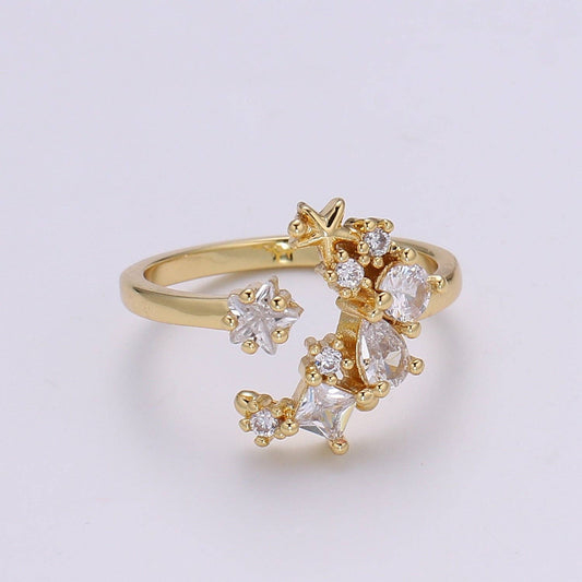 24k Gold Filled One Size Fits All Adjustable Moon Ring With Micro CZ Stones For Jewelry Making Supplies Celestial Jewelry R328