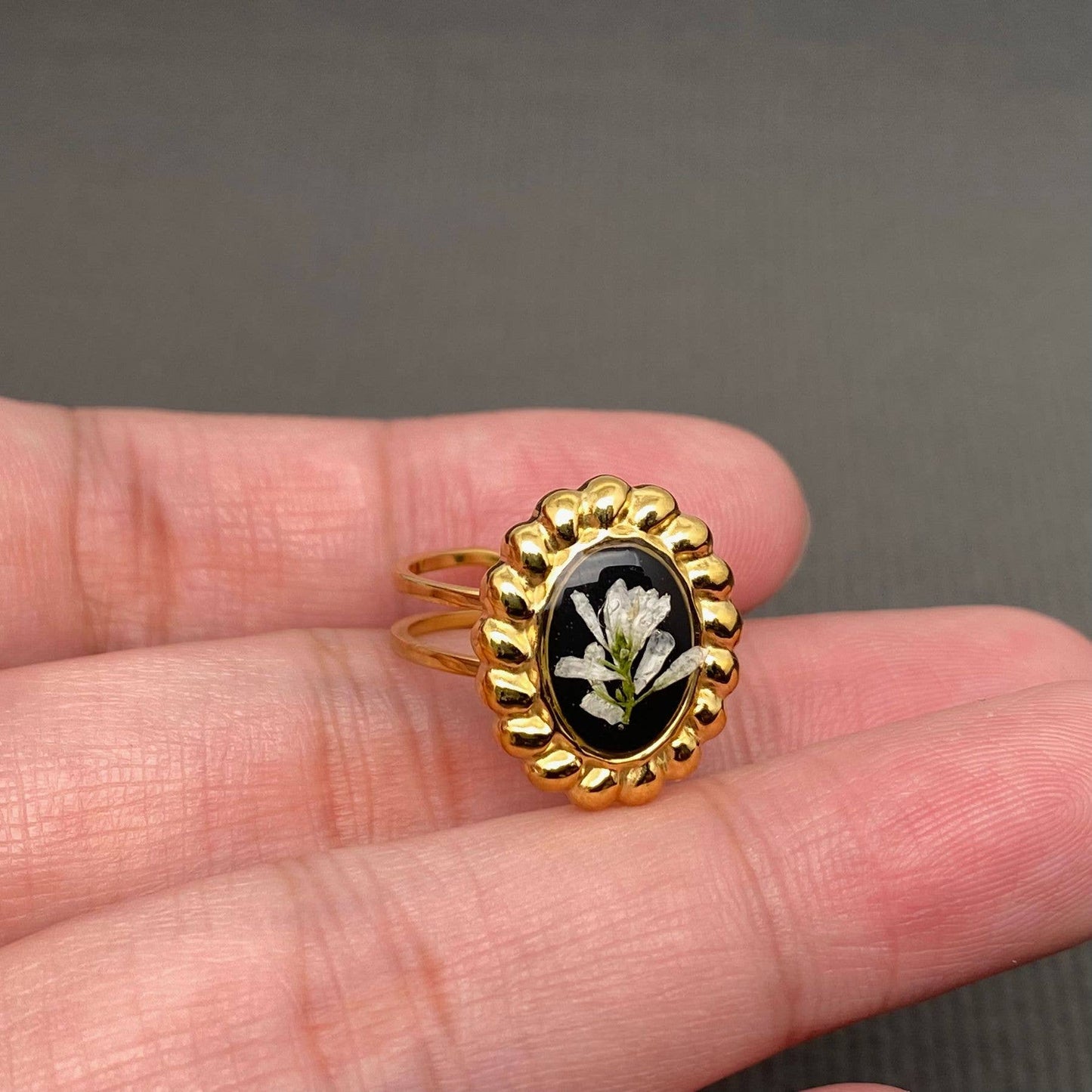 Dried flowers 18K Golden SS Adjustable Floral Rings- PDF/FGS