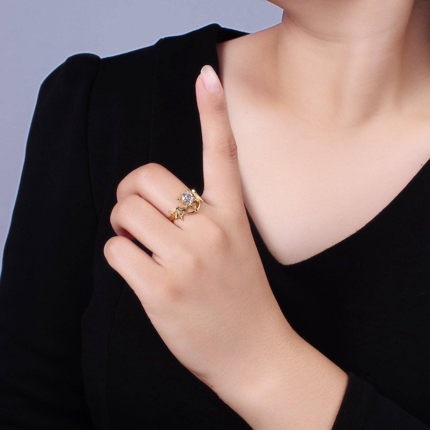 14K Gold Filled Clear CZ Devil Bat Wings Ring | O1056