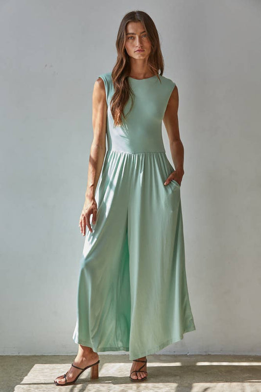 L9334 | Knit Polyester Spandex Open Back Wide Leg Jumpsuit
