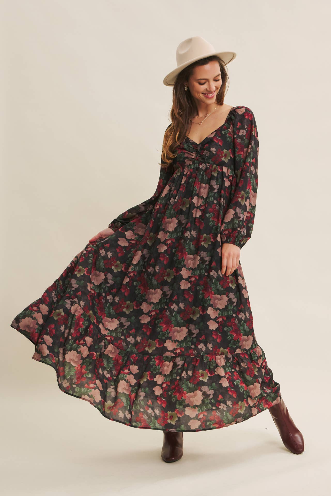 LOVE LETTER TO AUTUMN FLORAL CRINKLED MAXI SMOCKED DRESS