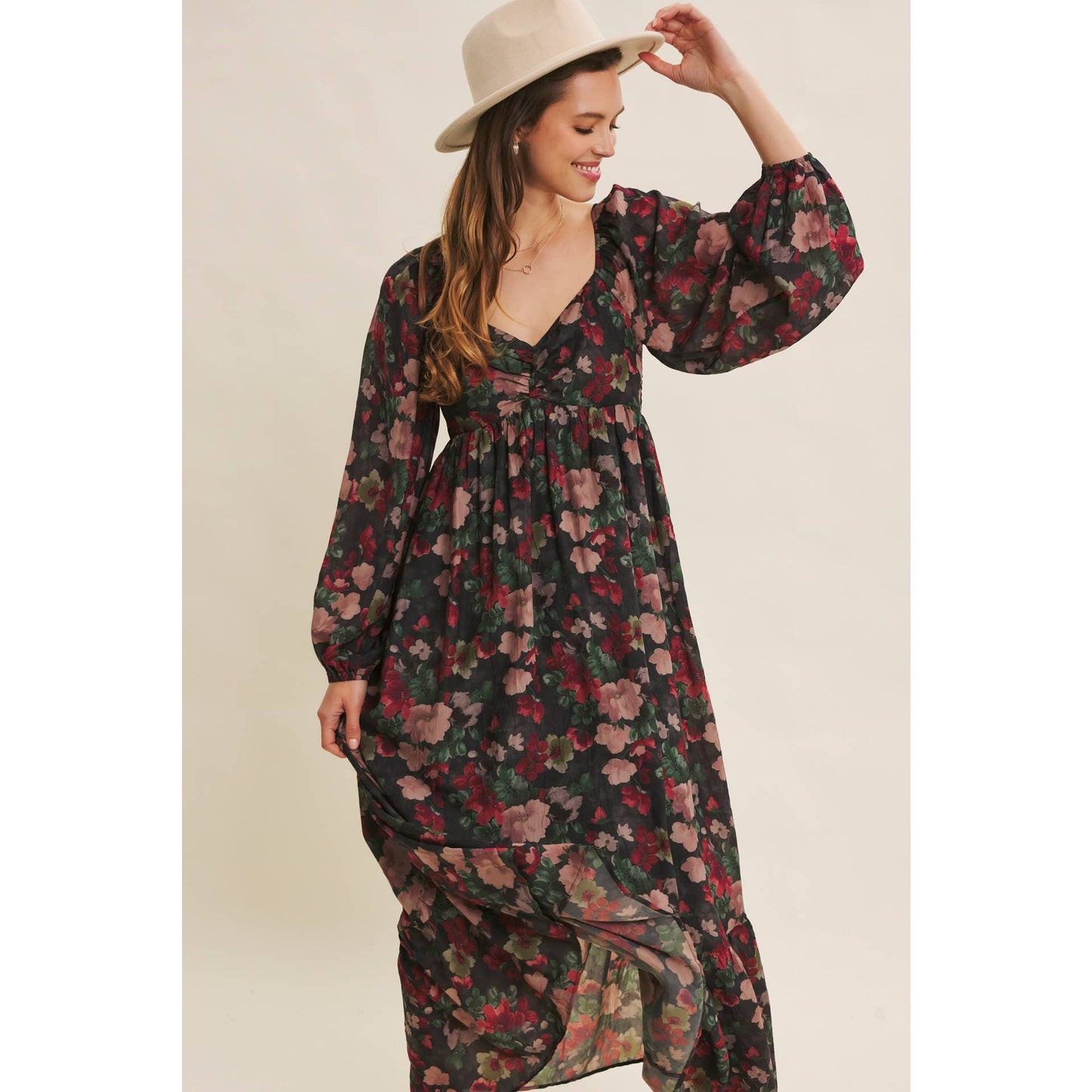 LOVE LETTER TO AUTUMN FLORAL CRINKLED MAXI SMOCKED DRESS