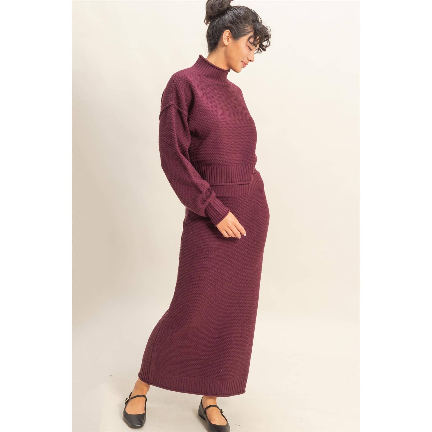 Textured High Neck Sweater & Skirt Set